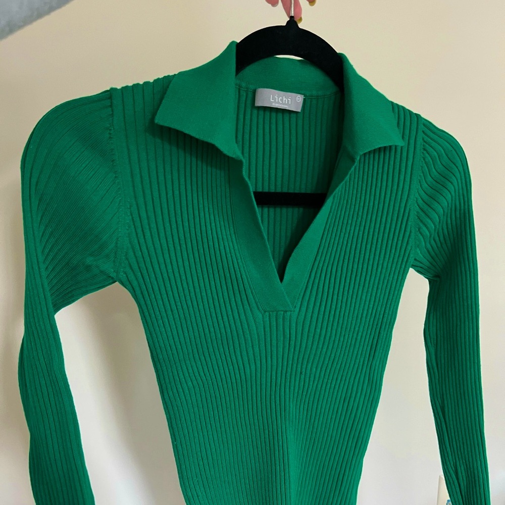 Lichi ribbed green shirt with collar